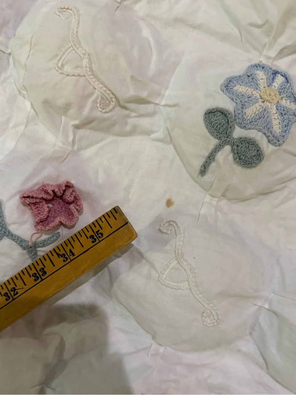 OOAK Handmade White Floral Crochet Appliqué Cotton Comforter Blue Crochet Trim